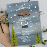 Sleepy Bear Cub Neutral Baby Shower 6.5" x 8.75" Invitation<br><div class="desc">A baby shower invitation featuring an illustration of a baby bear lounging on a tree branch surrounded by stars.  Mountain illustration and trees at bottom. Personalize the text.  Background is dark blue watercolor inspired.  Bear is wearing a flower crown.</div>