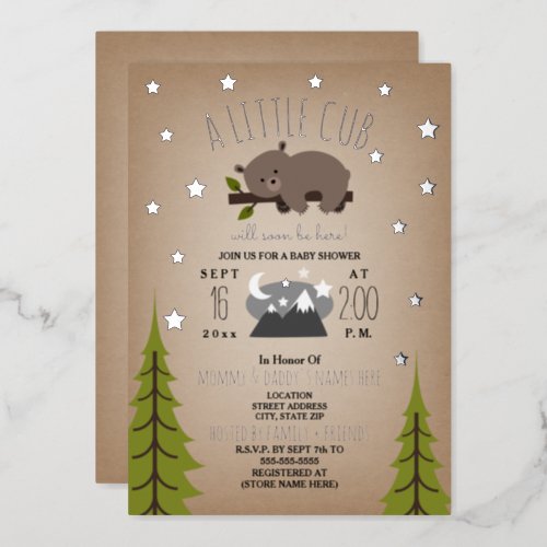 Sleepy Bear Cub Stars Cardstock Baby Shower Foil Invitation