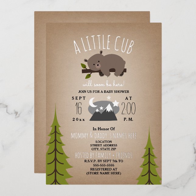 Sleepy Bear Cub Stars Cardstock Baby Shower Foil Invitation (Front/Back)