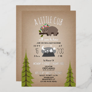 Sleepy Bear Cub Stars Cardstock Girl Baby Shower Foil Invitation