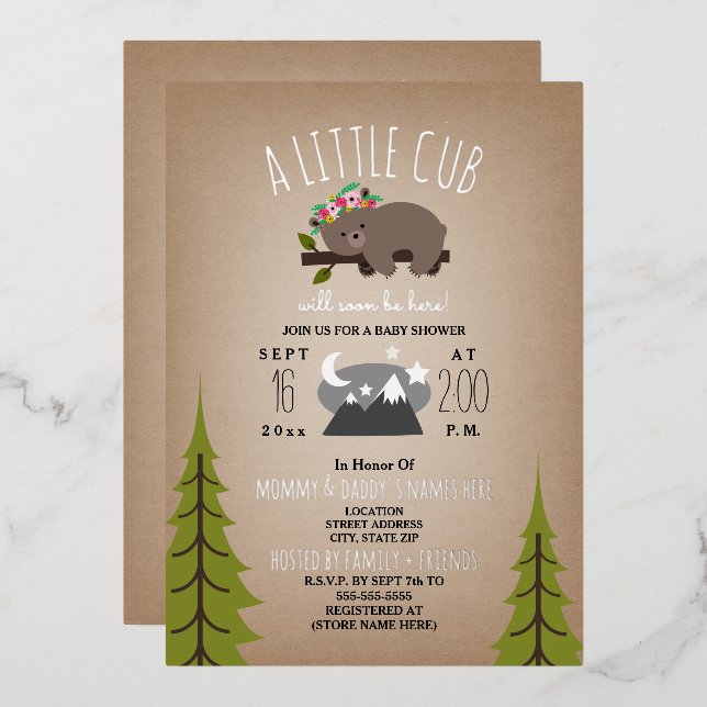 Sleepy Bear Cub Stars Cardstock Girl Baby Shower Foil Invitation (Front/Back)