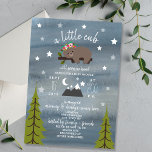 Sleepy Bear Cub Watercolor Girl Baby Shower Invitation<br><div class="desc">A baby shower invitation featuring an illustration of a baby bear lounging on a tree branch surrounded by stars.  Mountain illustration and trees at bottom. Personalize the text.  Background is dark blue watercolor inspired.  Bear is wearing a flower crown.</div>