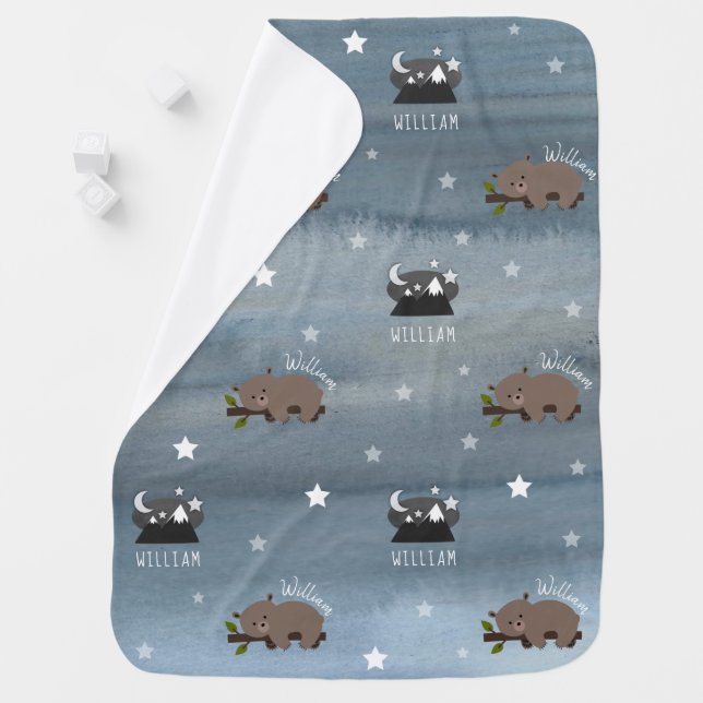 Sleepy Bear Floral Stars Mountains Boy Baby Blanket (In Situ)