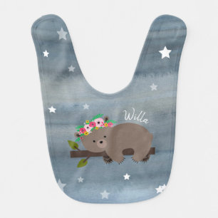 Sleepy Bear Floral Watercolor Stars Bib