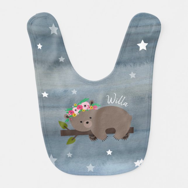 Sleepy Bear Floral Watercolor Stars Bib (Front)