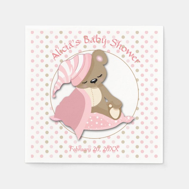 Sleepy Bear Girl Baby Shower Napkins (Front)
