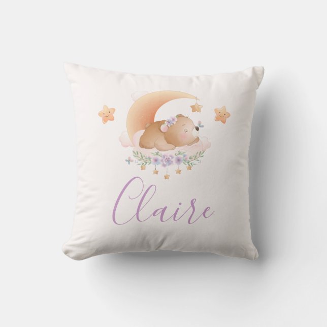 Sleepy Bear on Cloud Baby Girl Baby Throw Pillow (Front)