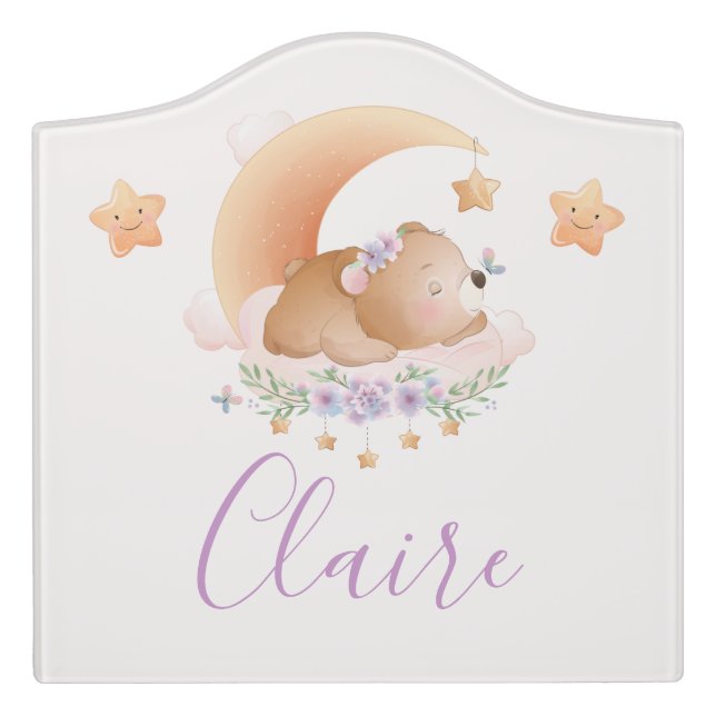Sleepy Bear on Cloud Baby Nursery Door Sign (Large Crest Front)
