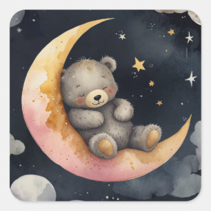 Sleepy Bear on the Moon Square Sticker