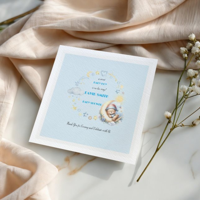 Sleepy Bear on the Moon Stars Clouds Baby Boy Napkins (Creator Uploaded)