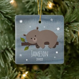 Sleepy Bear Stars Baby Cub First Christmas Photo Ceramic Ornament
