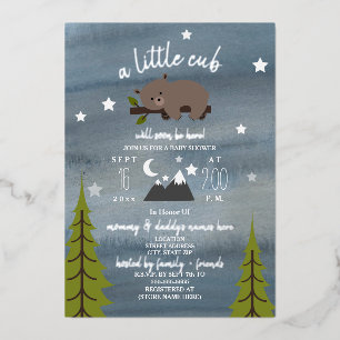 Sleepy Bear Stars Baby Shower Foil Invitation