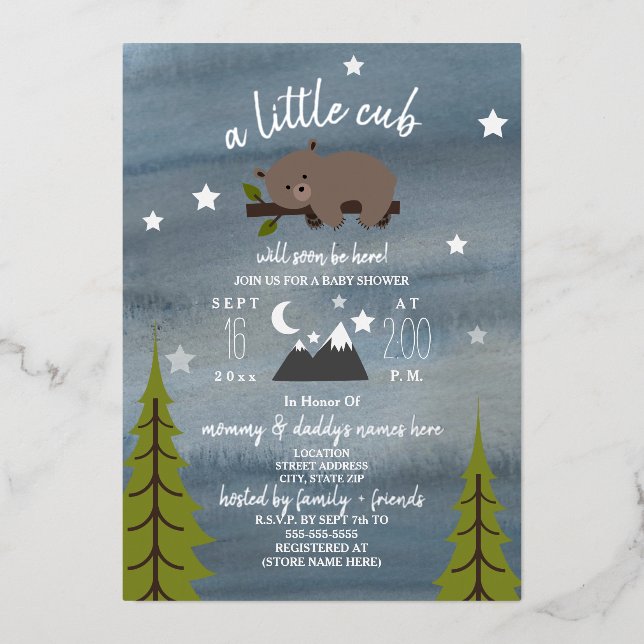 Sleepy Bear Stars Baby Shower Foil Invitation (Front)