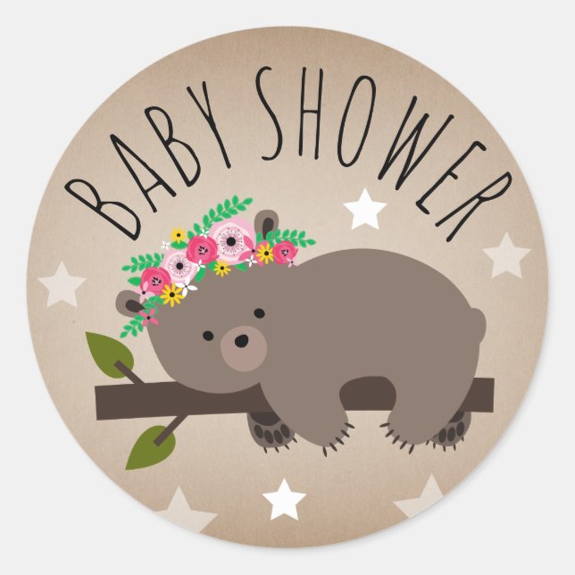 Sleepy Bear Stars Girl Baby Shower Sticker (Front)