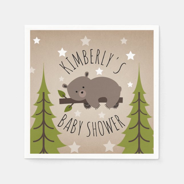 Sleepy Bear Stars + Trees Baby Shower Paper Napkins (Front)