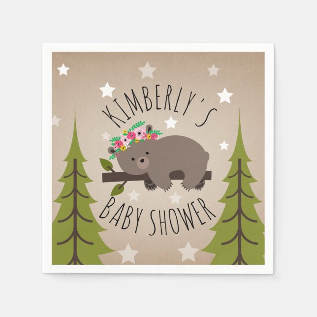 Sleepy Bear Stars + Trees Floral Baby Shower Paper Napkins (Front)