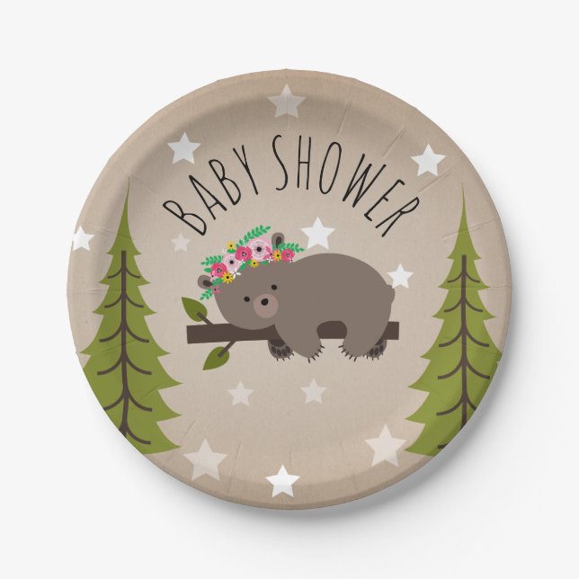 Sleepy Bear Stars + Trees floral Baby Shower Paper Plates (Front)