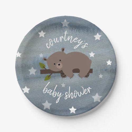 Sleepy Bear Stars Watercolor Baby Shower Paper Plates