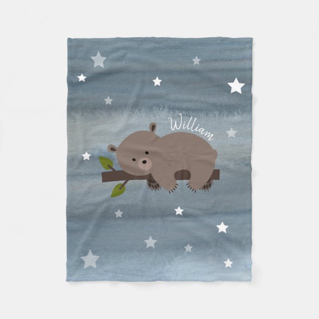 Sleepy Bear Stars Watercolor Fleece Blanket (Front)