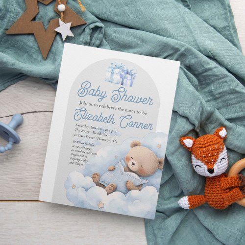 Sleepy Bear Watercolor Baby Boy Shower Invitation