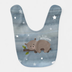 Sleepy Bear Watercolor Stars Bib