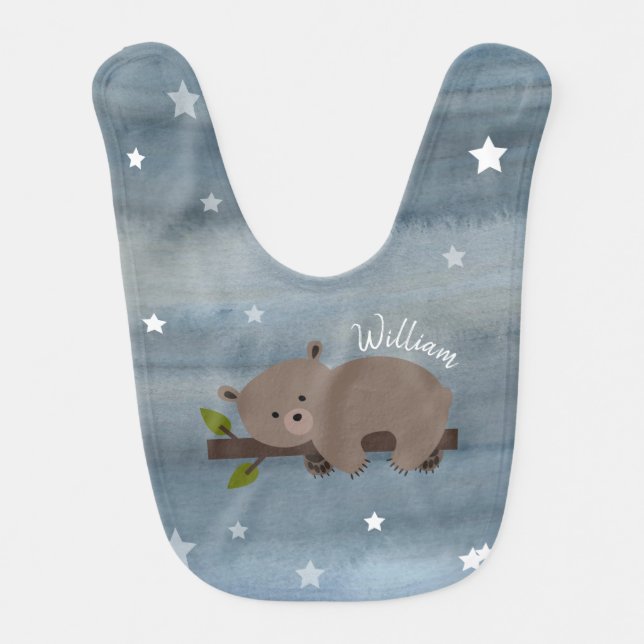 Sleepy Bear Watercolor Stars Bib (Front)
