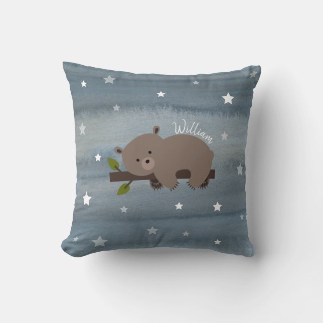 Sleepy Bear Watercolor Stars Throw Pillow (Front)