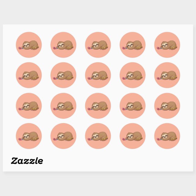 Sleepy Birthday Squad Sloth with Party Horn Classic Round Sticker (Sheet)