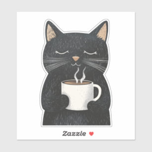 Sleepy Black Cat with a Cup of Coffee Boho Sticker