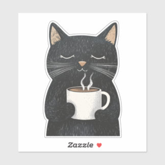 Sleepy Black Cat with a Cup of Coffee Boho Sticker