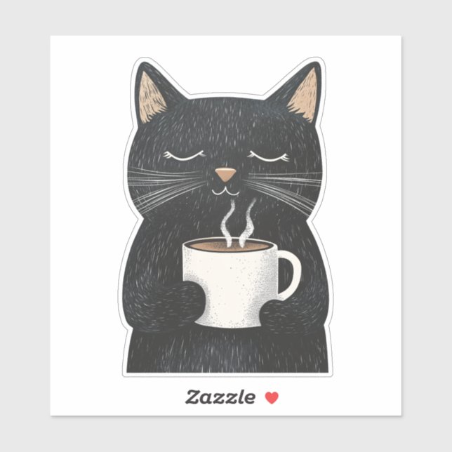 Sleepy Black Cat with a Cup of Coffee Boho Sticker (Sheet)