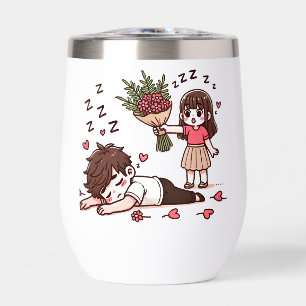 Sleepy Boy and Girl with Flowers Thermal Wine Tumbler