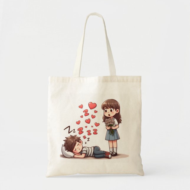 Sleepy Boy and Girl with Flowers Tote Bag (Front)