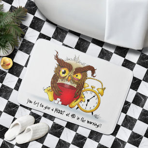 Sleepy Brown Cute Funny Owl Coffee Illustration Bathroom Mat