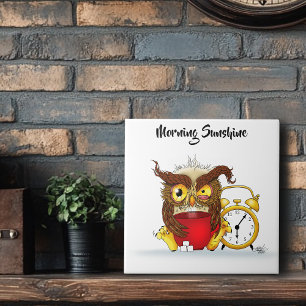 Sleepy Brown Cute Funny Owl Coffee Illustration Ceramic Tile