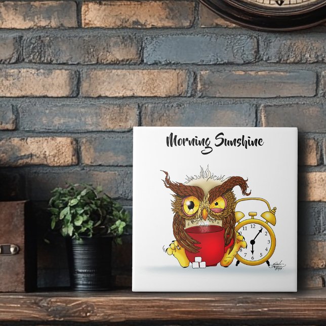 Sleepy Brown Cute Funny Owl Coffee Illustration Ceramic Tile (Creator Uploaded)