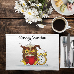 Sleepy Brown Cute Funny Owl Coffee Illustration Cloth Placemat
