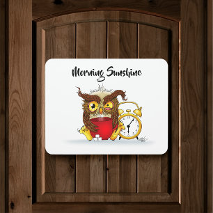 Sleepy Brown Cute Funny Owl Coffee Illustration Door Sign