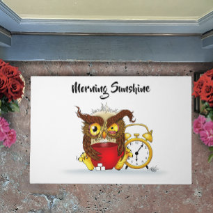 Sleepy Brown Cute Funny Owl Coffee Illustration Doormat