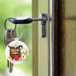 Sleepy Brown Cute Funny Owl Coffee Illustration Keychain