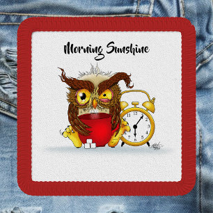 Sleepy Brown Cute Funny Owl Coffee Illustration Patch