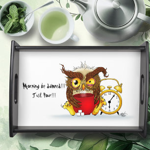 Sleepy Brown Cute Funny Owl Coffee Illustration Serving Tray