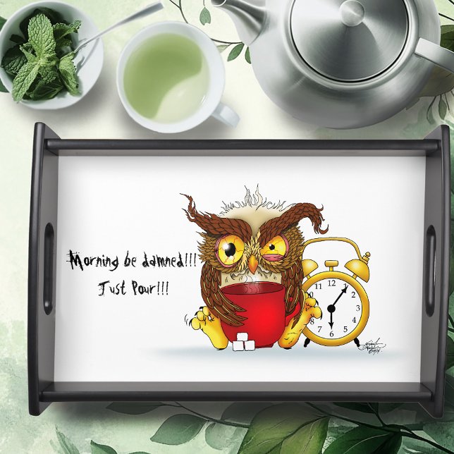 Sleepy Brown Cute Funny Owl Coffee Illustration Serving Tray (Creator Uploaded)