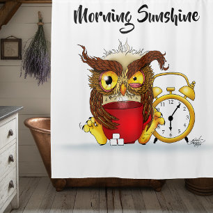 Sleepy Brown Cute Funny Owl Coffee Illustration Shower Curtain