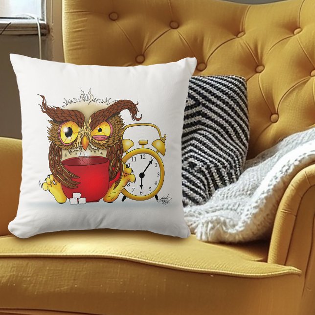 Sleepy Brown Cute Funny Owl Coffee Illustration Throw Pillow (Creator Uploaded)