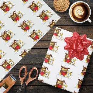 Sleepy Brown Cute Funny Owl Coffee Illustration Wrapping Paper