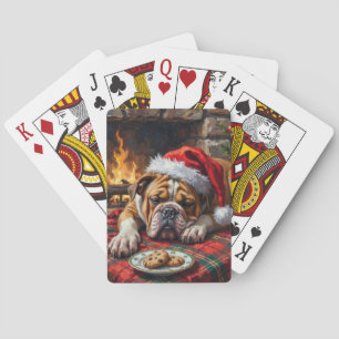 Sleepy Bulldog Dog Fast Asleep Santa Hat Christmas Poker Cards