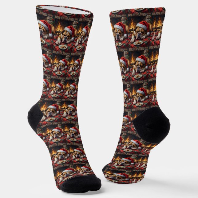 Sleepy Bulldog Dog Fast Asleep Santa Hat Christmas Socks (Angled)