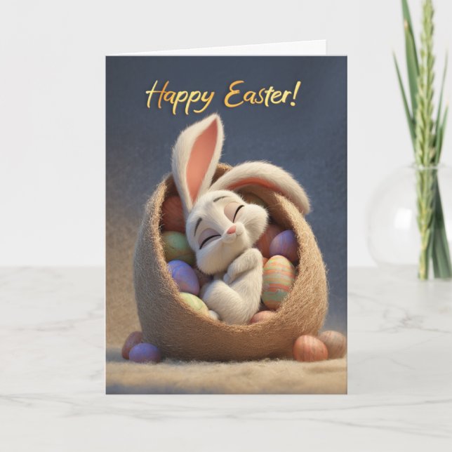 Sleepy Bunny in Easter Egg Basket Happy Easter Card (Front)
