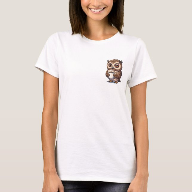 Sleepy Cartoon Owl Holding Steaming Coffee Cup T-Shirt (Front)